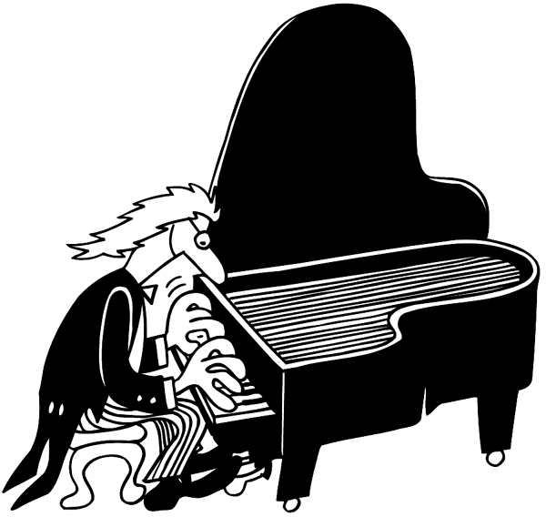 Man at piano vinyl decal. Customize on line. Music 061-0305